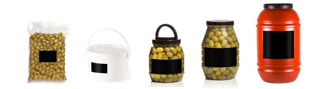 Various pasteurised, vacuum, plastic packaging for viglia olives
