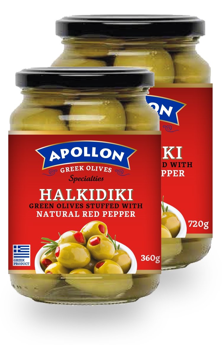 Stuffed Halkidiki Green Olives with red natural pepper Jar 360g/720g